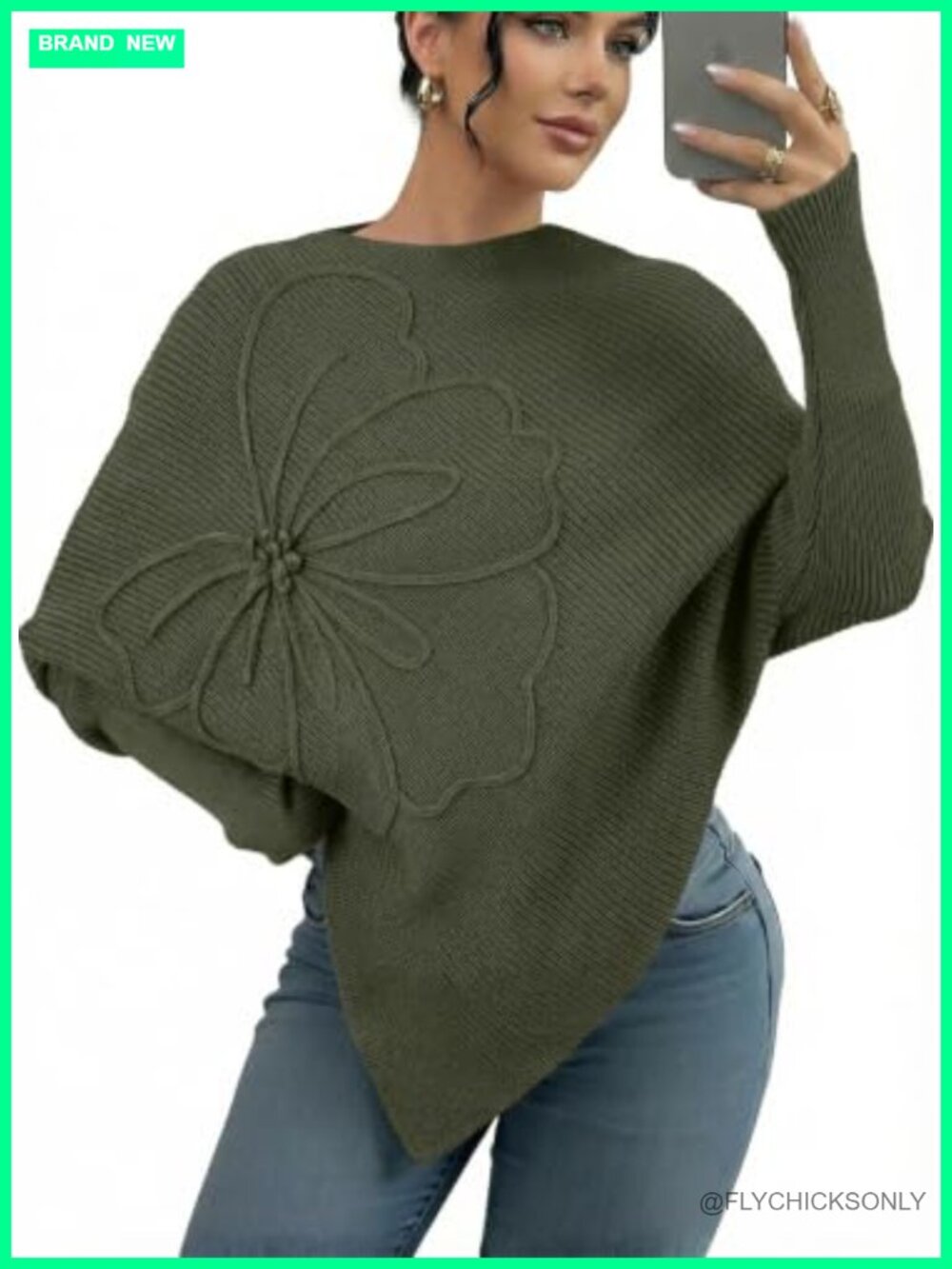 Womens Asymmetrical Poncho Knit Pullover Sweater Batwing Sleeve